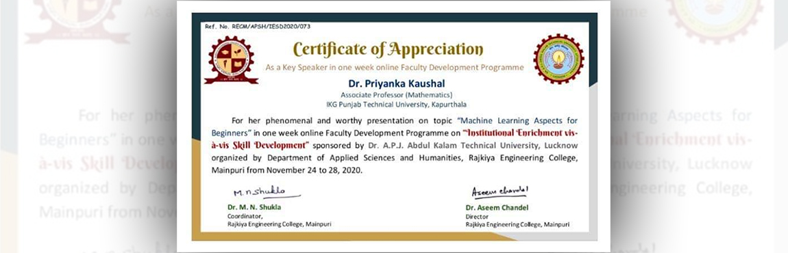 Dr. Priyanka Kaushal delivered an Invited Talk on “Machine Learning Aspects for Beginners” 